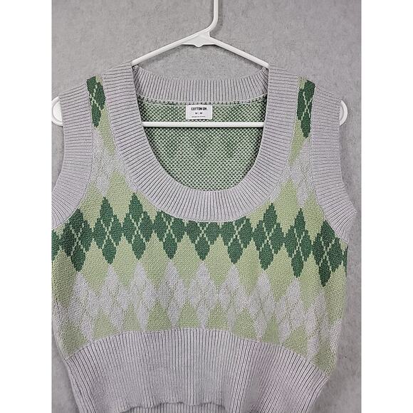 Cotton: On Gray Green Argyle Print Knit Crop Sweater Vest Women's Medium - Picture 2 of 12